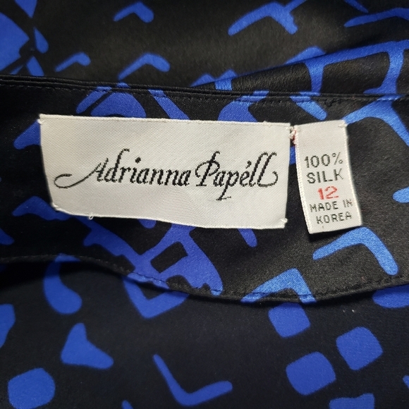 Adrianna Papell 100% silk blue black print long sleeve wrap top with side tie - Picture 7 of 7